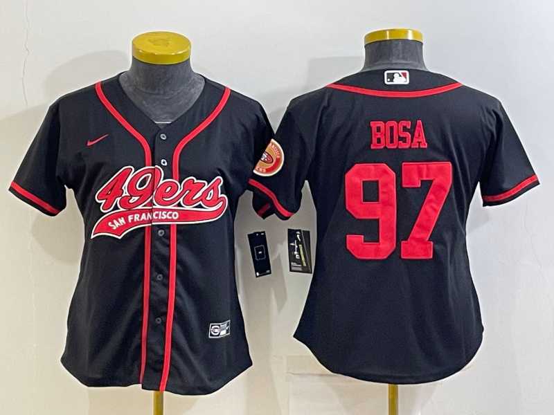 Women's San Francisco 49ers #97 Nick Bosa Black With Patch Cool Base Stitched Baseball Jersey,We sell and wholesale Women's San Francisco 49ers #97 Nick Bosa Black With Patch Cool Base Stitched Baseball Jersey on line form chian!
